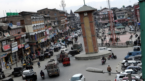 March-9, 2013-SRINAGAR:An aerial view of  Main Lal Chowk as  Kashmir witness normal life, vehicles play on roads on Saturday after six days of curfew. Curfew was imposed in major towns of Kashmir to prevent protest in view of the volatile situation following the death of a Baramulla youth in army firing earlier this week.  Excelsior Photo/Mohd Amin War